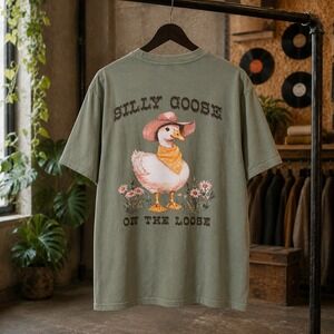 Medium Silly Goose On The Loose T-Shirt Sage Green Western Cowboy Hat Tee